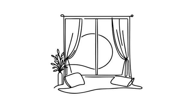One continuous drawing of window with curtains. Window with curtains and cushions on the windowsill. Outline doodle vector illustration.