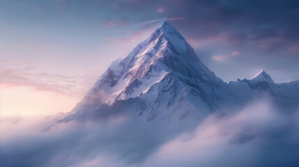 The tranquil peak is bathed in soft pink hues of the morning, standing tall against the serene snowy surroundings