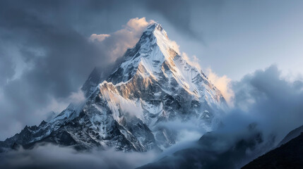 The breathtaking Mount Everest is partially obscured by clouds, adding a veil of mystery to the majestic mountain