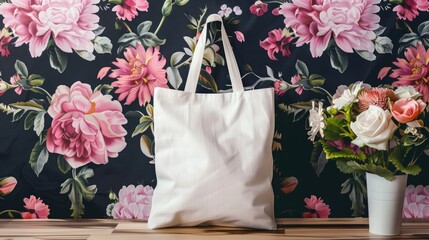 white tote bag on a table mockup, floral background