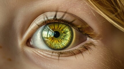  A zoomed-in image of a kid's eye, revealing two contrasting orbs of green and yellow hues at its center