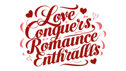Typography design featuring the words "Love Conquers, Romance Enthralls" in elegant, swirling script. The letters are in a rich, deep red color, with a subtle, shimmering effect. 