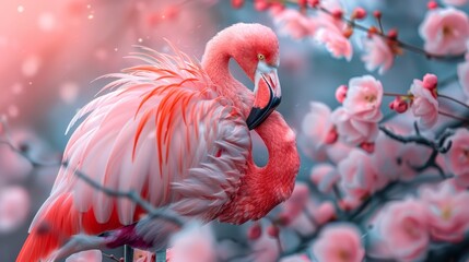  A flamingo, pink, on a tree branch, with flowers in front, blue sky behind