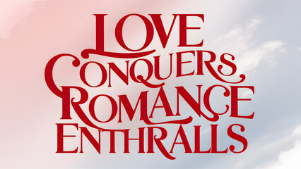 Typography design featuring the words "Love Conquers, Romance Enthralls" in elegant, swirling script. The letters are in a rich, deep red color, with a subtle, shimmering effect. 