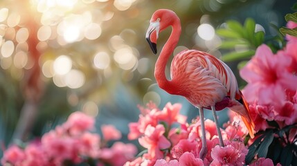  A pink flamingo amidst a sea of pink blossoms, set against a hazy backdrop of trees and shrubs
