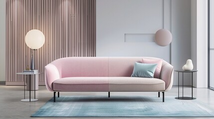 a modern, elegant ergonomic sofa designed for laptop users, offering a semi-seating position. Utilize a minimalist aesthetic with pastel color palette, focusing on upholstery and soft fabric