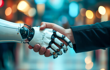 Man in suit initiating handshake with robotic arm, future of business - obrazy, fototapety, plakaty