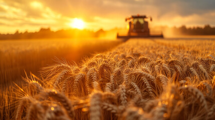 Sunset over golden wheat field with harvesting combine