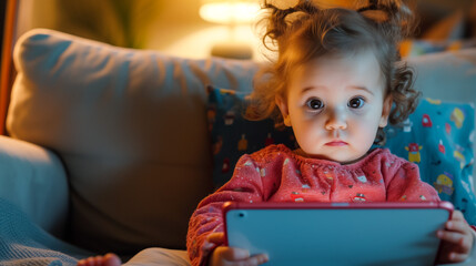 Baby girl engrossed in digital tablet at home