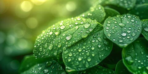 Lush green leaves with morning dew reflecting sunlight