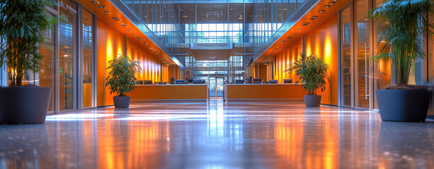 Symmetrical view of a modern office lobby with orange lighting