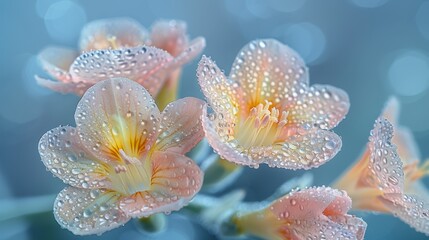  A zoomed-in image of multiple flowers featuring dewdrops on their petals against a hazy blue backdrop