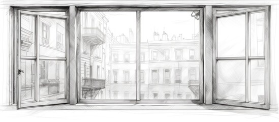 Fototapeta premium A detailed drawing of an open window showcasing a cityscape view with buildings, streets, and lights visible. The sketch is done in a wireframe style, emphasizing architectural elements and urban