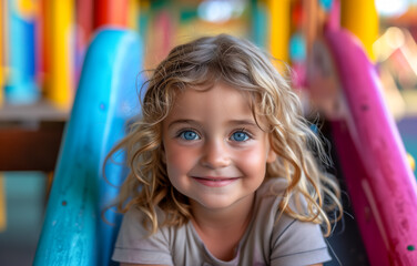 Fototapeta na wymiar Smiling blonde child with blue eyes at colorful playground