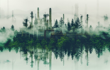 Industrial complex shrouded in mist amidst lush forest - obrazy, fototapety, plakaty