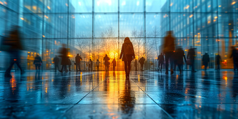 Busy commuters walking through modern glass building at dusk