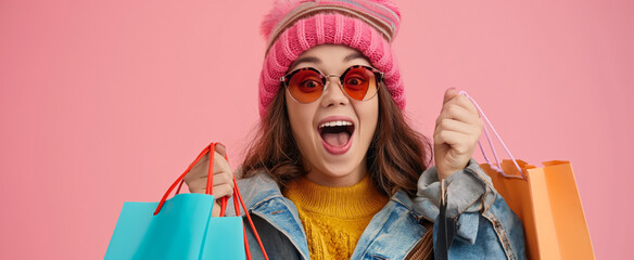 Excited young woman with shopping bags and pink winter hat
