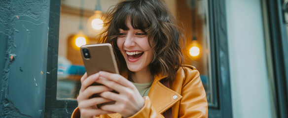 Cheerful brunette woman laughing with phone in urban setting