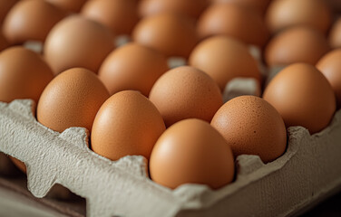 Fresh brown eggs in a cardboard tray, close-up view