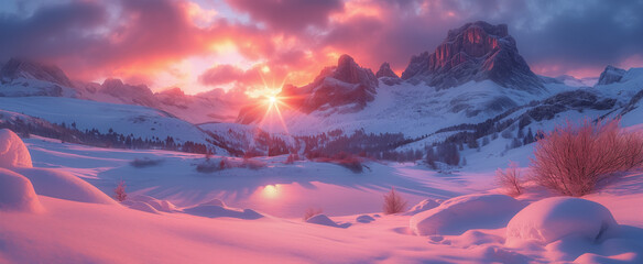 Sunburst through snowy peaks at dawn in pink hues