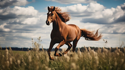 Equine Grace, Horse Galloping in Open Fields. Generated AI
