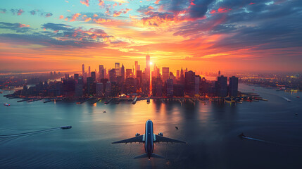 Naklejka premium Urban Travel Adventure, Airplane Landing, Comeback Skyline Arrival, Plane Touching Down to Metropolitan Cityscape, Return of Trip, Cityscape, Aircraft Arriving to Bustling City, and Exploration.