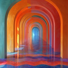 Vibrant multi-colored arched corridor with reflective floor. Modern art and architecture concept for design inspiration and creative spaces