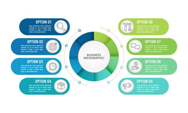 8 process infographic design template. diagram, annual report, business presentation, and organization. Vector illustration.