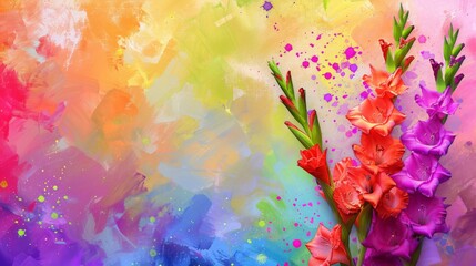  A colorful canvas depicting a vase of flowers against a vibrant backdrop and a splattered brushstroke on the wall