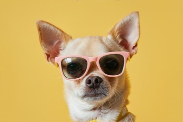Chihuahua with Shades Close-up Against Plain  pale yelow Background
