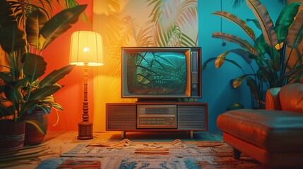 a nostalgic scene of a vintage analog TV with a lamp beside it, set against a vibrant 70s-style background