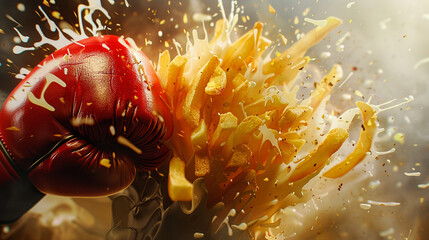 Boxing glove bursting through a pizza, close view, high-speed effect, 3D art