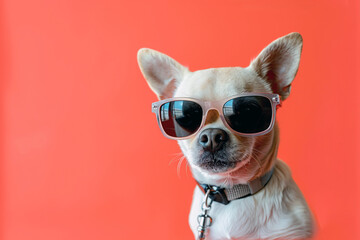 Chihuahua Portrait Wearing Sunglasses Against Solid red Backdrop