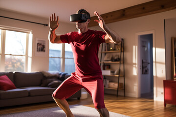 A boy does exercises at home connected with other people with virtual reality glasses