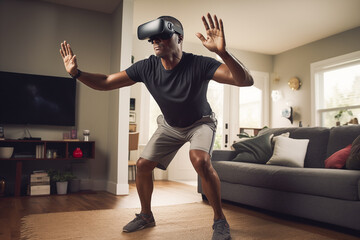 A boy does exercises at home connected with other people with virtual reality glasses - 768734722