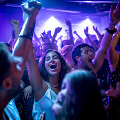 An exuberant crowd of young people immersed in the electric atmosphere of a nightclub, with a woman in the center joyously singing along.