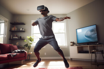 A boy who is missing an arm does exercises at home with virtual reality glasses.png - 768734748