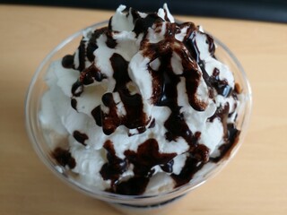 A drink filled with whipped cream and chocolate syrup