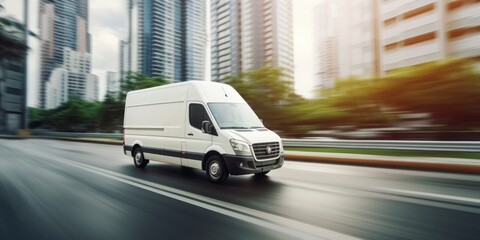 Fototapeta premium White commercial delivery van on the street with motion blur background