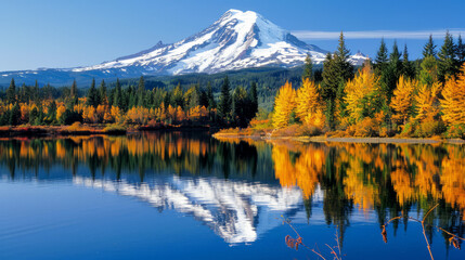 A brilliant reflection of a mountain splashed with snow amidst yellows and oranges of fall