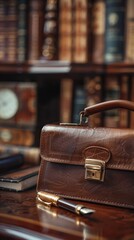 Luxurious leather briefcase on a polished mahogany desk, surrounded by vintage books and a classic fountain pen created with Generative AI Technology