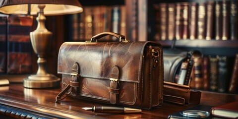 Luxurious leather briefcase on a polished mahogany desk, surrounded by vintage books and a classic fountain pen created with Generative AI Technology - obrazy, fototapety, plakaty