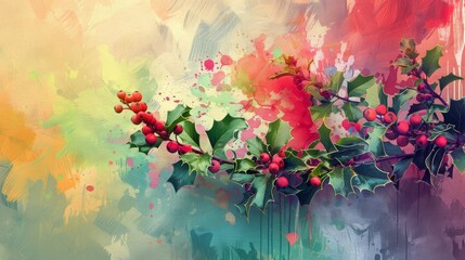 A painting depicts holly berries and leaves on a vibrant background with watercolor drips