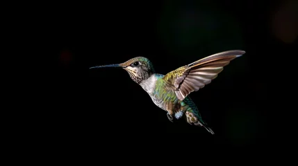 Fotobehang Kolibrie  A hummingbird flying in mid-air with its wings open wide, set against a dark backdrop