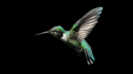  A hummingbird swiftly soaring on air with wings outstretched, its head angled