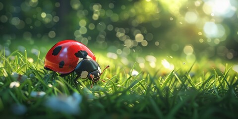 A ladybug sitting on top of a lush green field