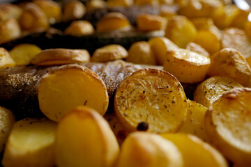 oven baked potatoes with aromatic spices, grilled sea bream fish with delicious curry sauce, junk food concept, traditional family party, fish dishes, homemade mouthwatering dish for food lovers