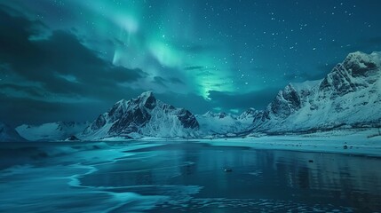 Aurora dancing above snowy mountains, illuminating Skagsanden Beach, Lofoten Islands - obrazy, fototapety, plakaty