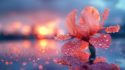  A high-resolution close-up of a flower with water droplets, set against a softly blurred cityscape background - obrazy, fototapety, plakaty