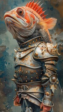 A painting of a fish wearing armor and a helmet